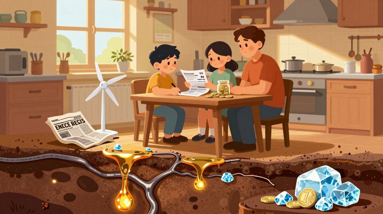 Família sentada à mesa numa cozinha, com imagens de recursos naturais como ouro e diamantes sob o chão.