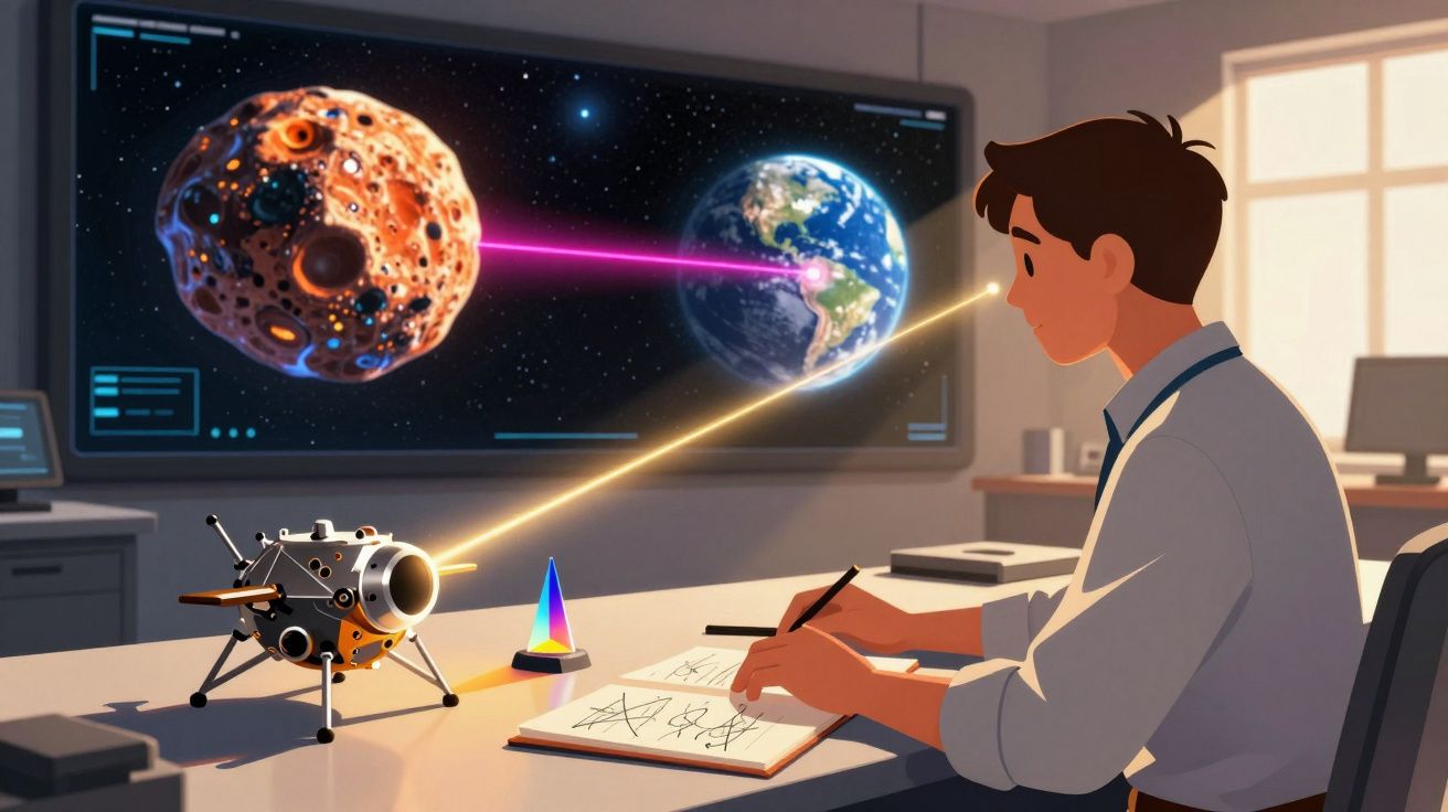 Homem analisa dados espaciais sobre planeta e lua em ecrã, enquanto escreve notas numa mesa com modelo lunar.