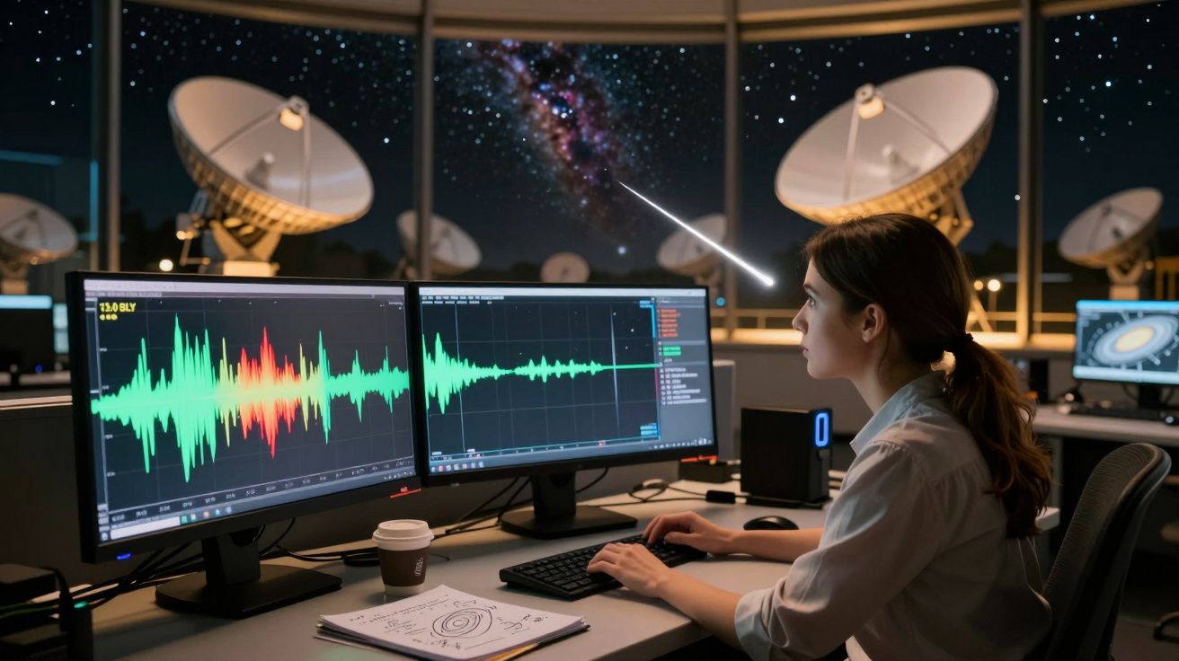 Mulher a analisar dados astronómicos em monitores, com antenas parabólicas e céu estrelado ao fundo.