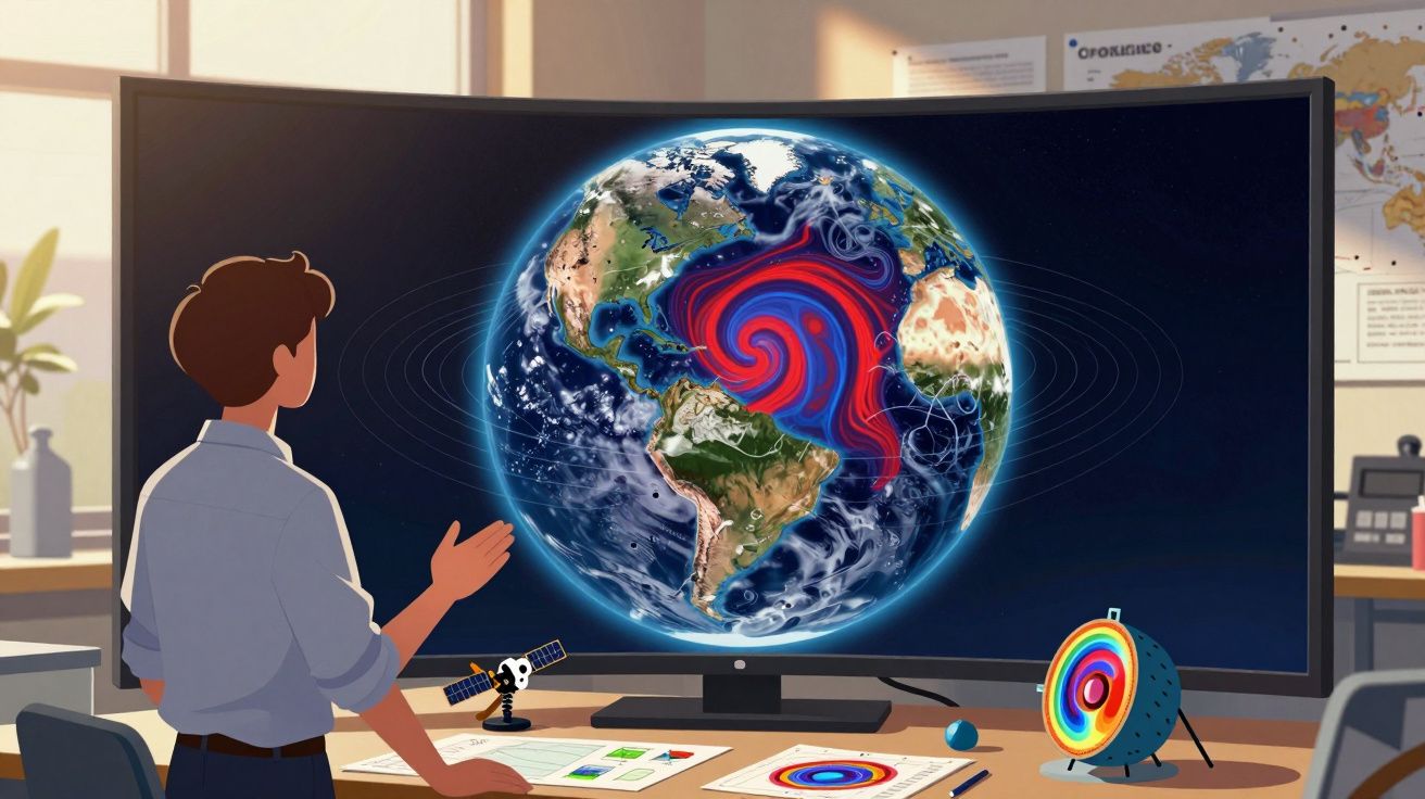 Homem observa monitor com imagem da Terra e simulação de correntes oceânicas no pólo Atlântico.