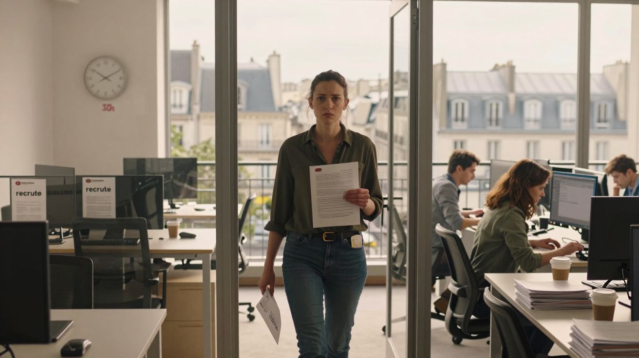 Mulher com papéis na mão a entrar numa sala de escritório moderna com secretárias e computadores.