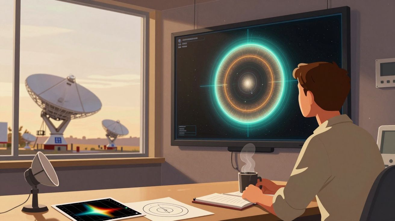 Pessoa sentada a analisar dados científicos num ecrã com antenas parabólicas ao fundo ao por do sol.