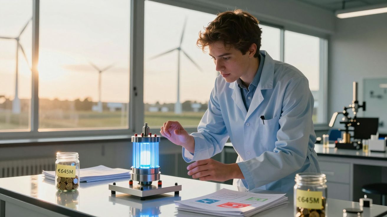 Jovem cientista em laboratório a analisar equipamento tecnológico com jarras de moedas ao lado.