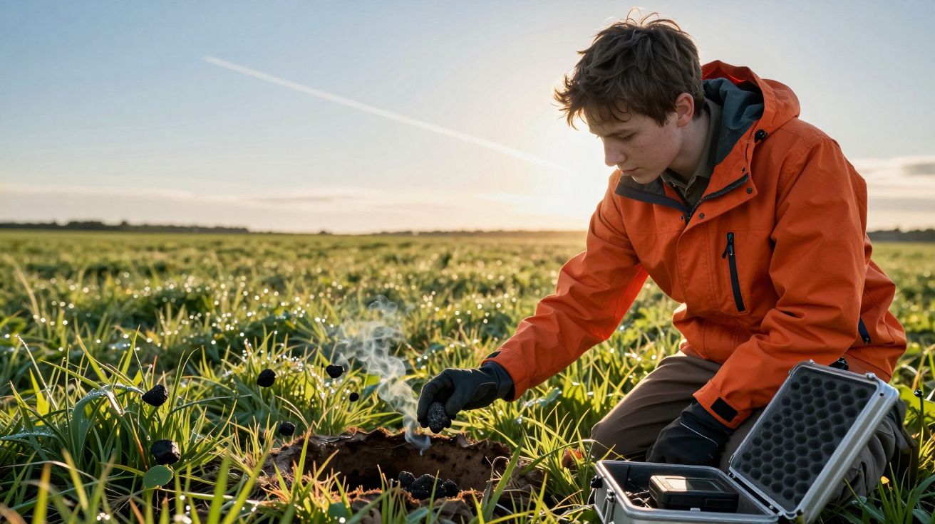 Jovem de casaco laranja recolhe amostras no campo, perto de uma caixa de equipamento aberto ao pôr do sol.