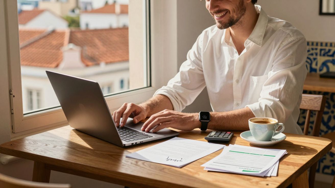 Homem sorridente a trabalhar num portátil junto a uma janela, com documentos, calculadora e café numa mesa de madeira.