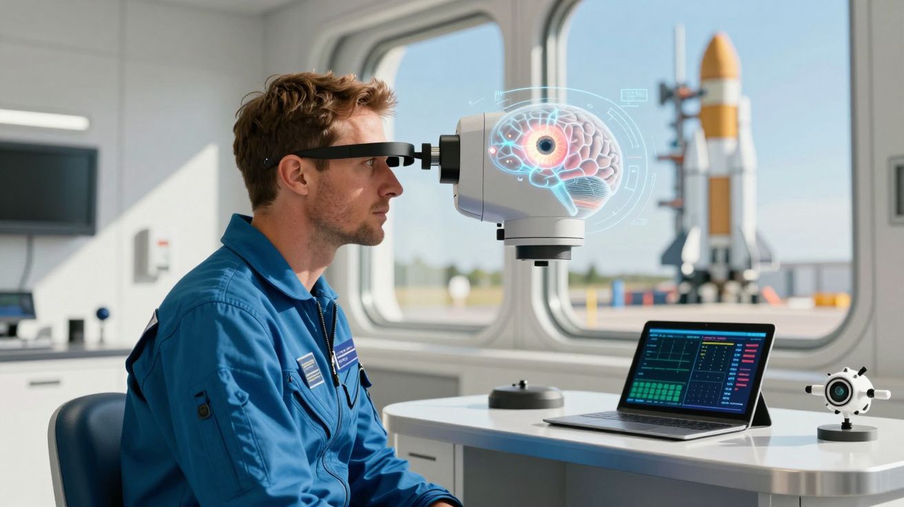Homem em macacão azul usa dispositivo futurista para exame cerebral numa sala com janela para foguetão.
