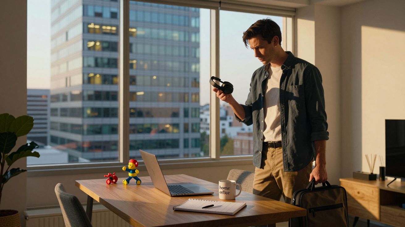 Homem em escritório em casa com computador portátil, caneca, brinquedos e malas, segurando auscultadores.