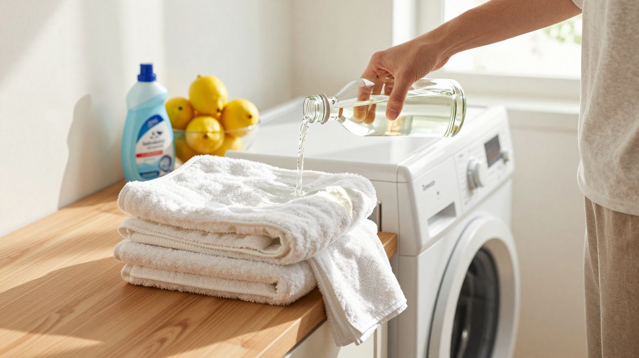 Pessoa a verter líquido numas toalhas brancas empilhadas junto a uma máquina de lavar roupa numa lavandaria iluminada.