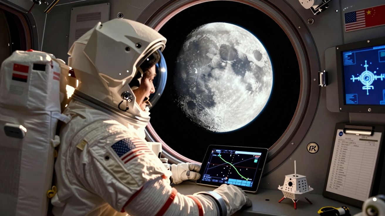 Astronauta dentro de nave espacial a observar a Lua através da janela com instrumentos de controlo.