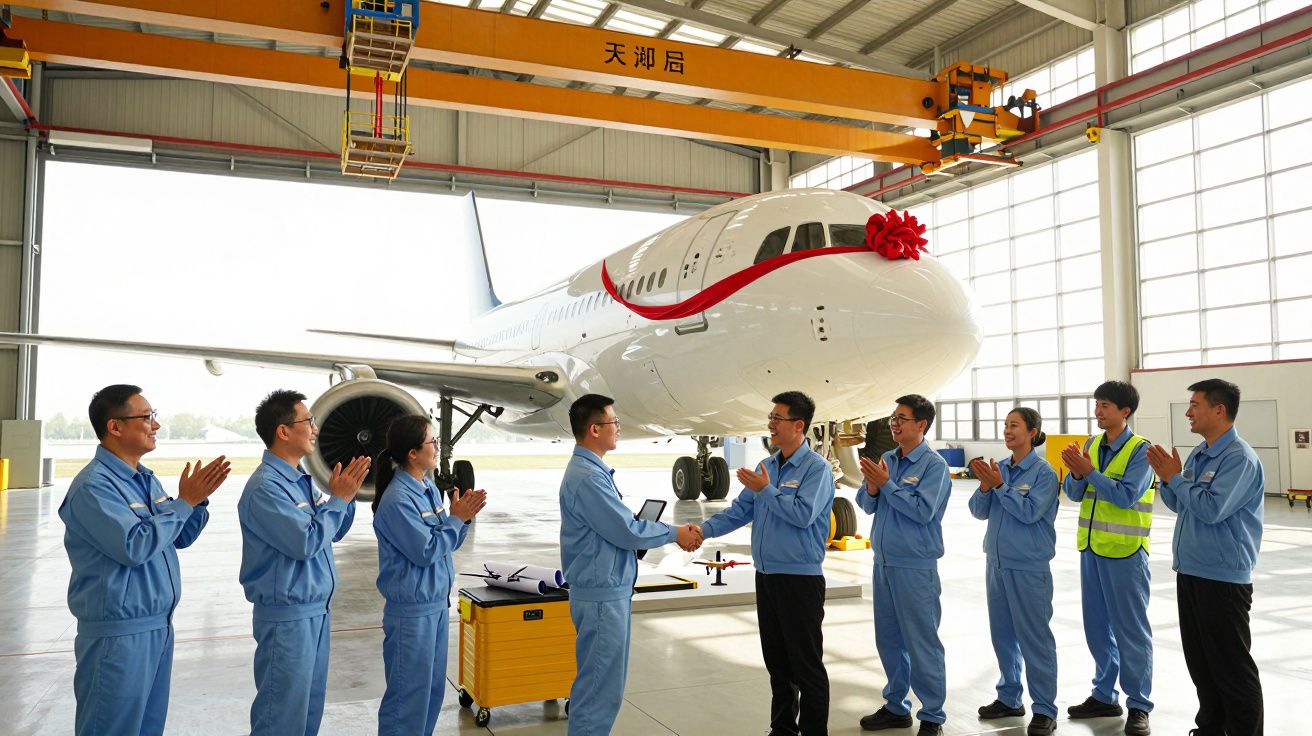 Equipa em macacões azuis a aplaudir e cumprimentar-se junto a um avião branco numa hangar bem iluminada.