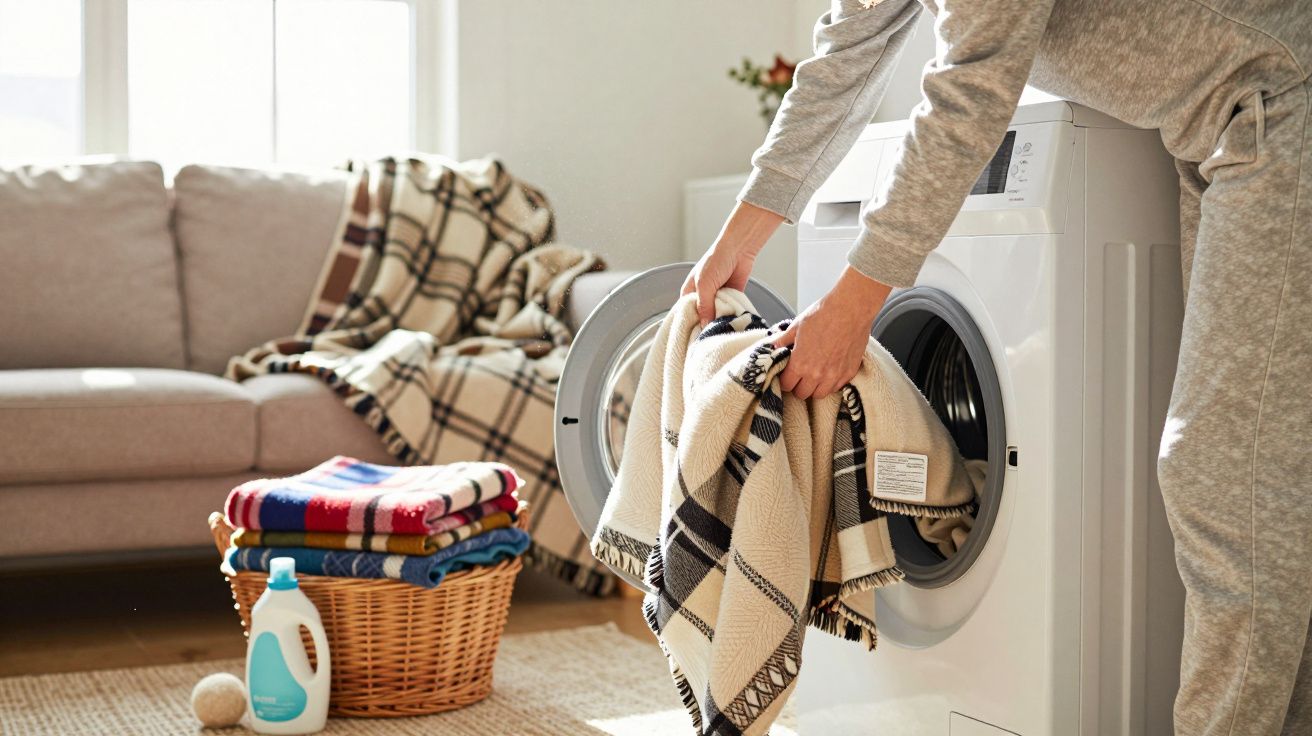 Pessoa a retirar uma manta da máquina de lavar, cesto com roupas e detergente no chão numa sala de estar.