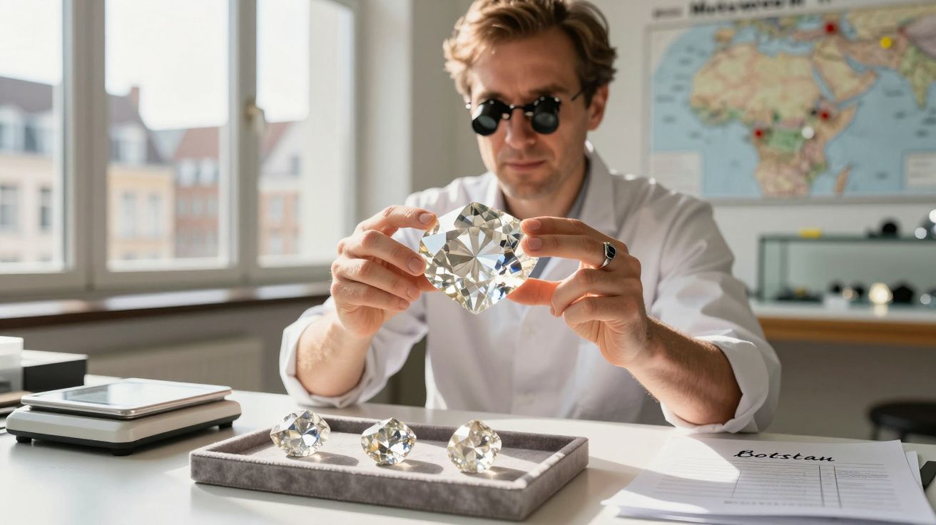 Homem com óculos escuros analisa grande diamante em escritório com três diamantes ao fundo.