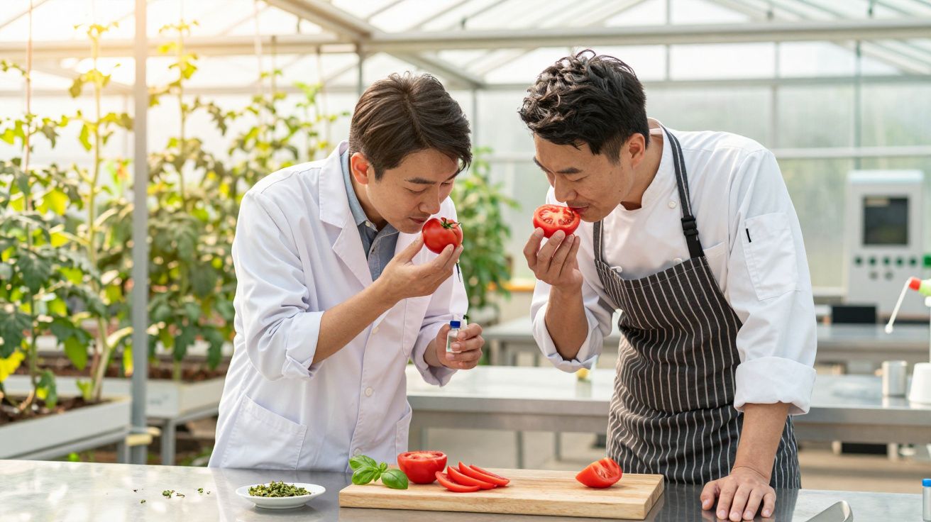 Dois homens a cheirar tomates num ambiente de estufa de cultivo com trajes de trabalho.