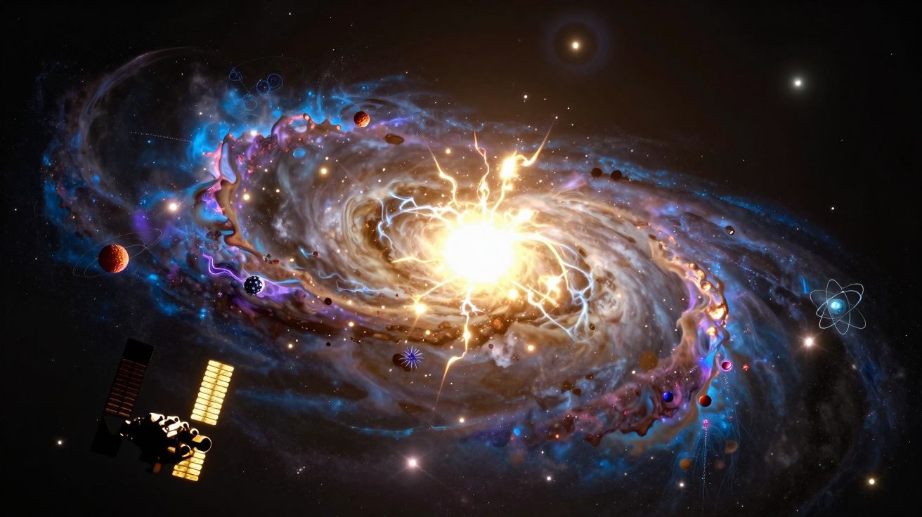 Galáxia espiral luminosa com vários planetas e satélite espacial em fundo escuro estrelado.