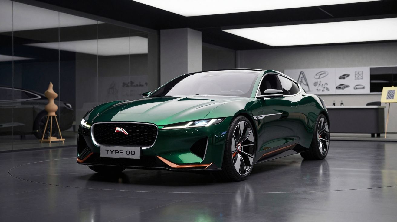 Carro desportivo verde Jaguar Type 00 em showroom moderno com iluminação suave e detalhes em cobre.