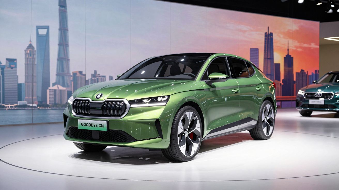 Carro elétrico verde com design moderno exposto num salão automóvel com cenário urbano ao fundo.