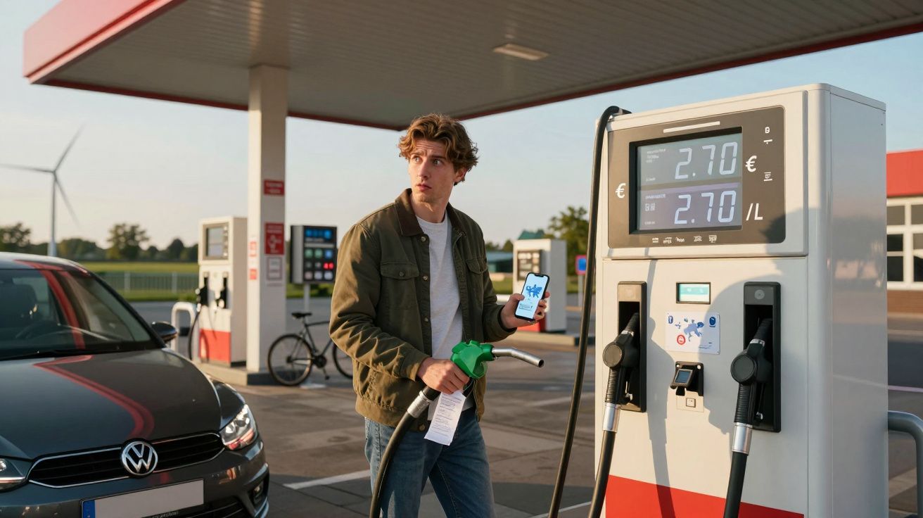 Homem num posto de combustível a abastecer carro preto, segurando telemóvel e recibo.