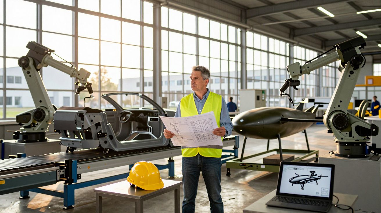 Engenheiro com colete refletor a analisar plantas numa fábrica com braços robóticos e chassis de veículos.