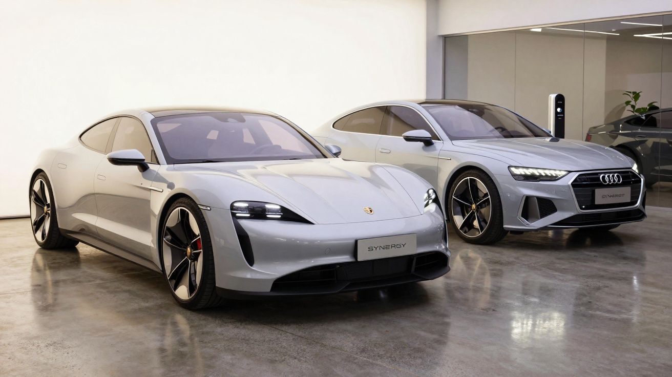 Dois carros elétricos de luxo, Porsche Taycan e Audi e-tron GT, estacionados numa garagem moderna.