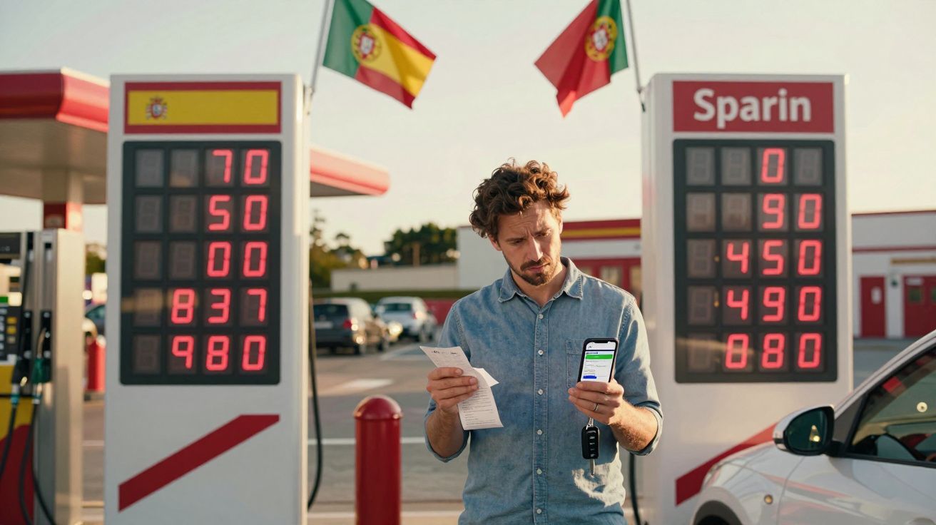 Homem observa conta e telemóvel numa bomba de gasolina com preços exibidos e bandeiras de Espanha e Portugal.