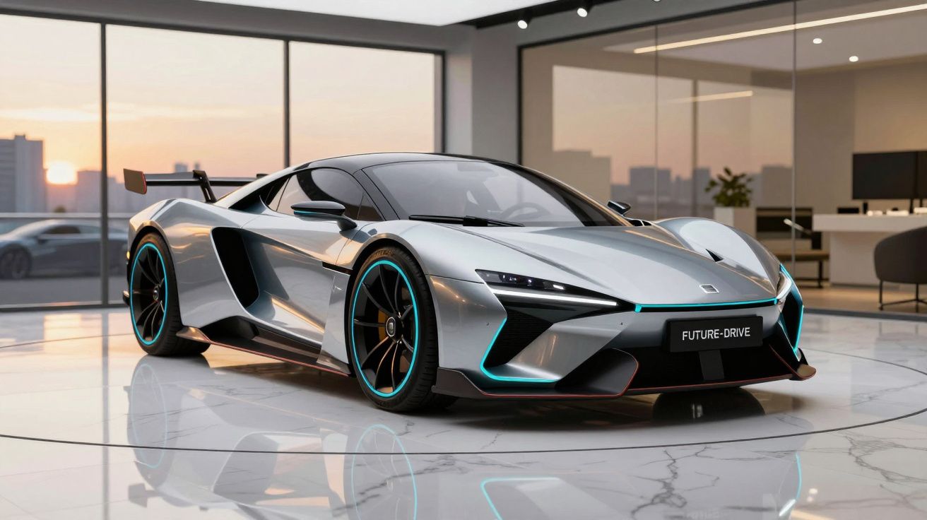 Carro desportivo prateado futurista com luzes azuis, exposto num showroom moderno com chão de mármore.