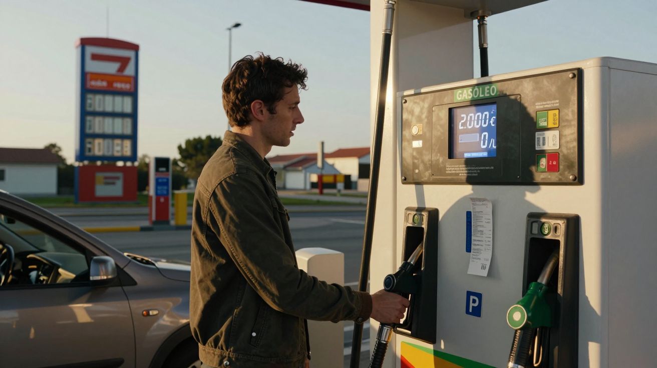 Homem abastece carro com gasóleo numa bomba de combustível numa estação de serviço.