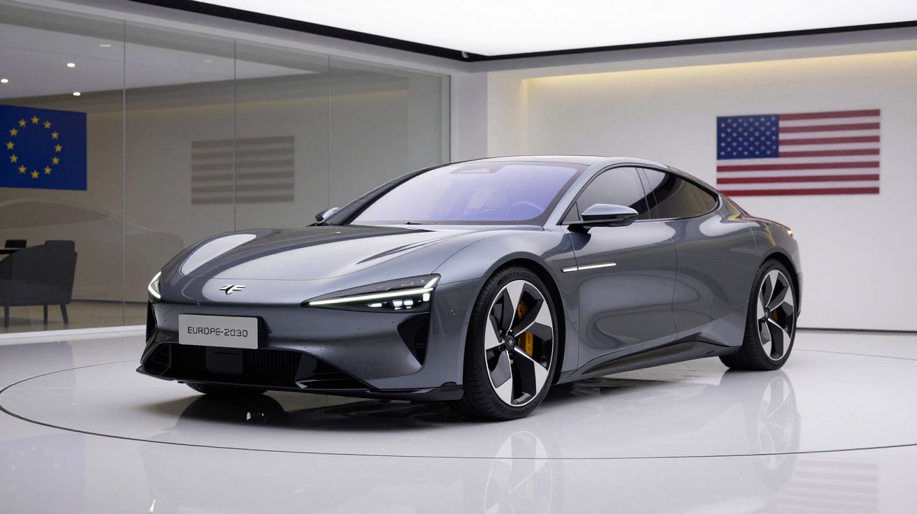 Carro elétrico moderno cinza com design aerodinâmico exposto em salão com bandeiras da UE e EUA.