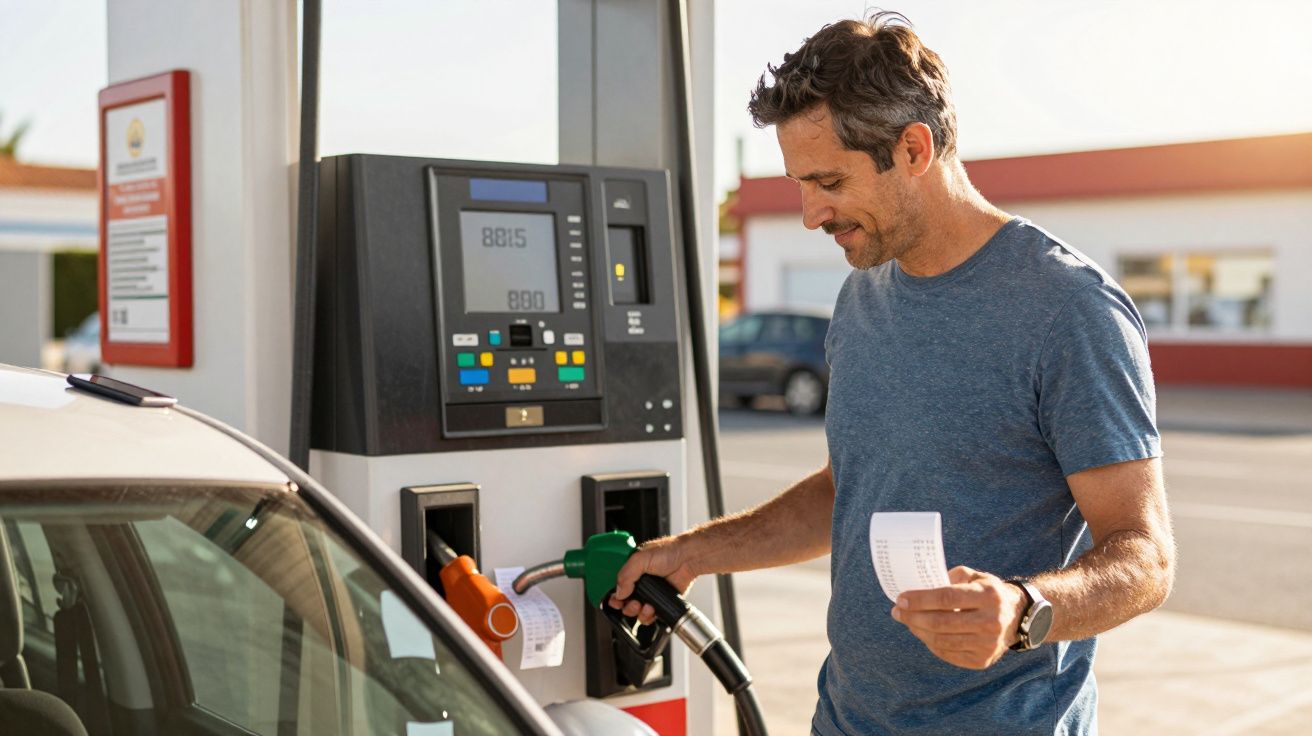 Homem em posto de combustível a abastecer carro e a segurar talão de pagamento.