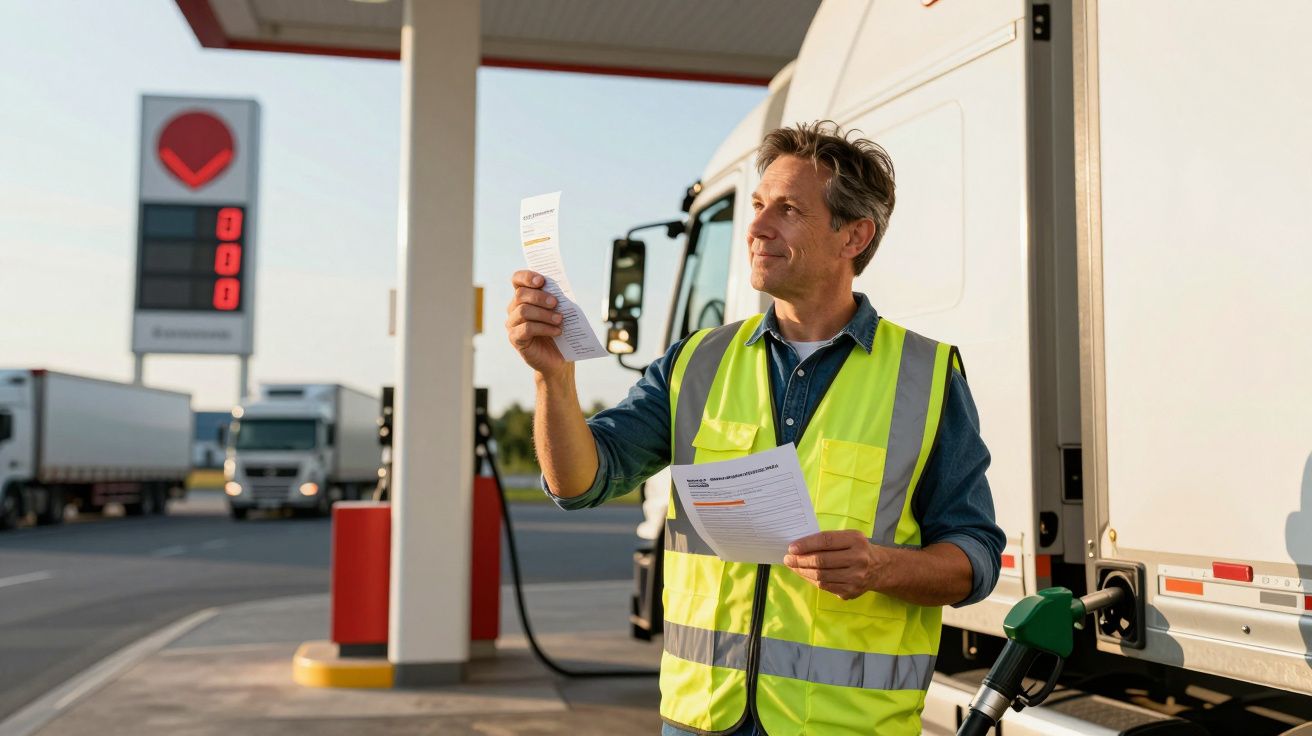 Homem com colete refletor a verificar documentos junto a camião numa bomba de gasolina.