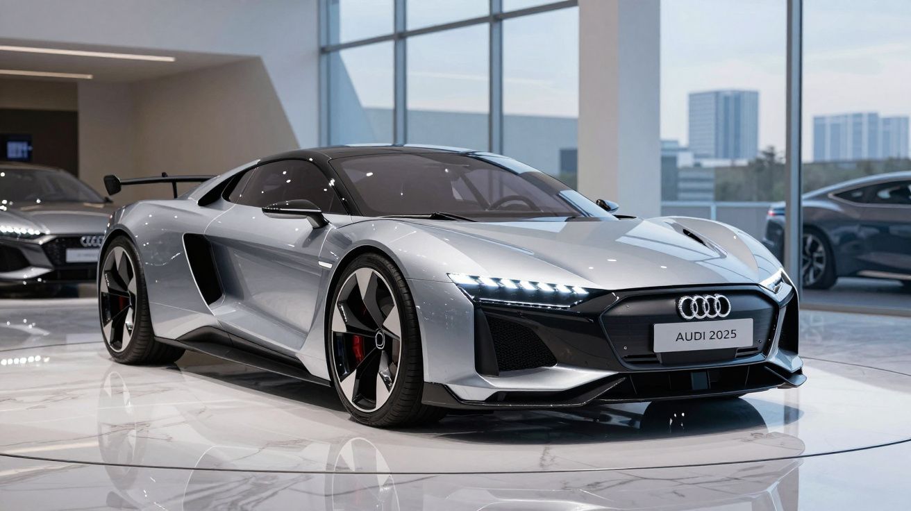 Carro desportivo Audi cinza prata modelo 2025 exibido em showroom moderno com janelas grandes.