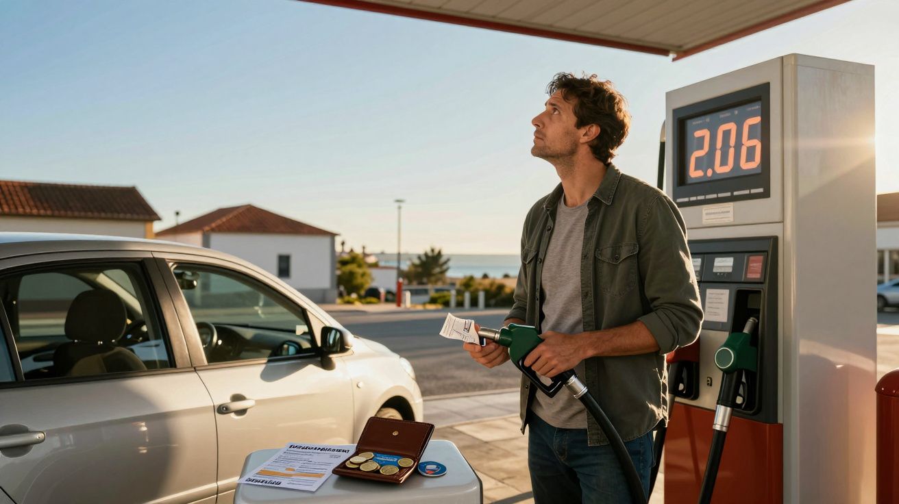 Homem a abastecer carro numa bomba de gasolina ao pôr do sol, preço do combustível visível no painel.