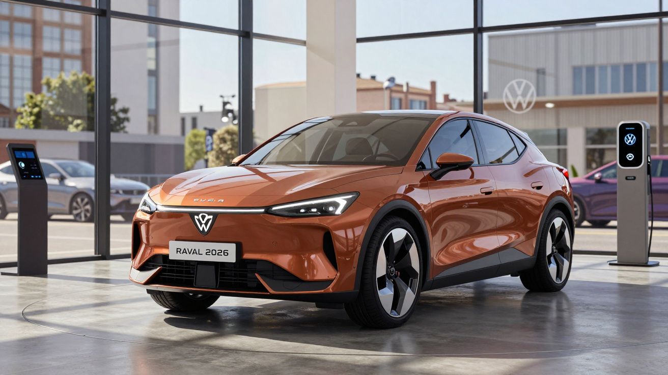 Carro elétrico compacto laranja com design futurista em exposição numa sala moderna com carregadores elétricos.