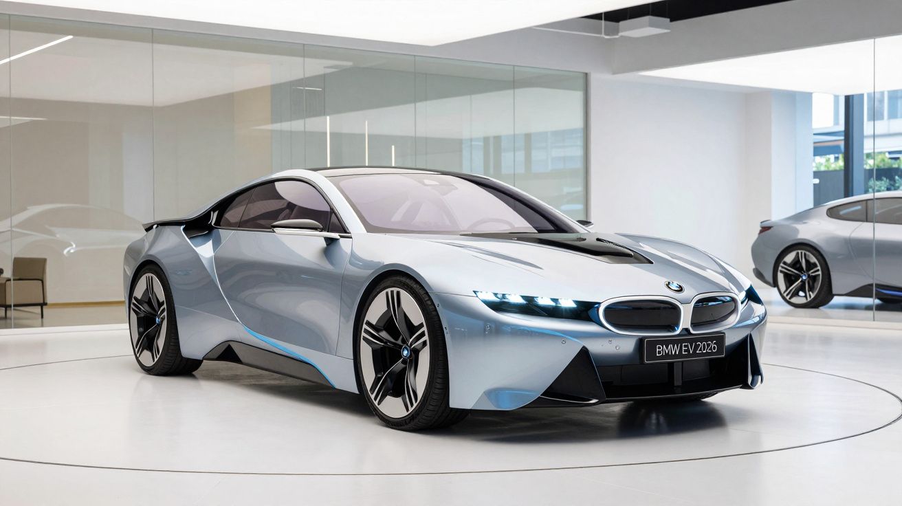 Carro desportivo elétrico BMW EV 2026 prateado em exposição numa sala moderna e luminosa.