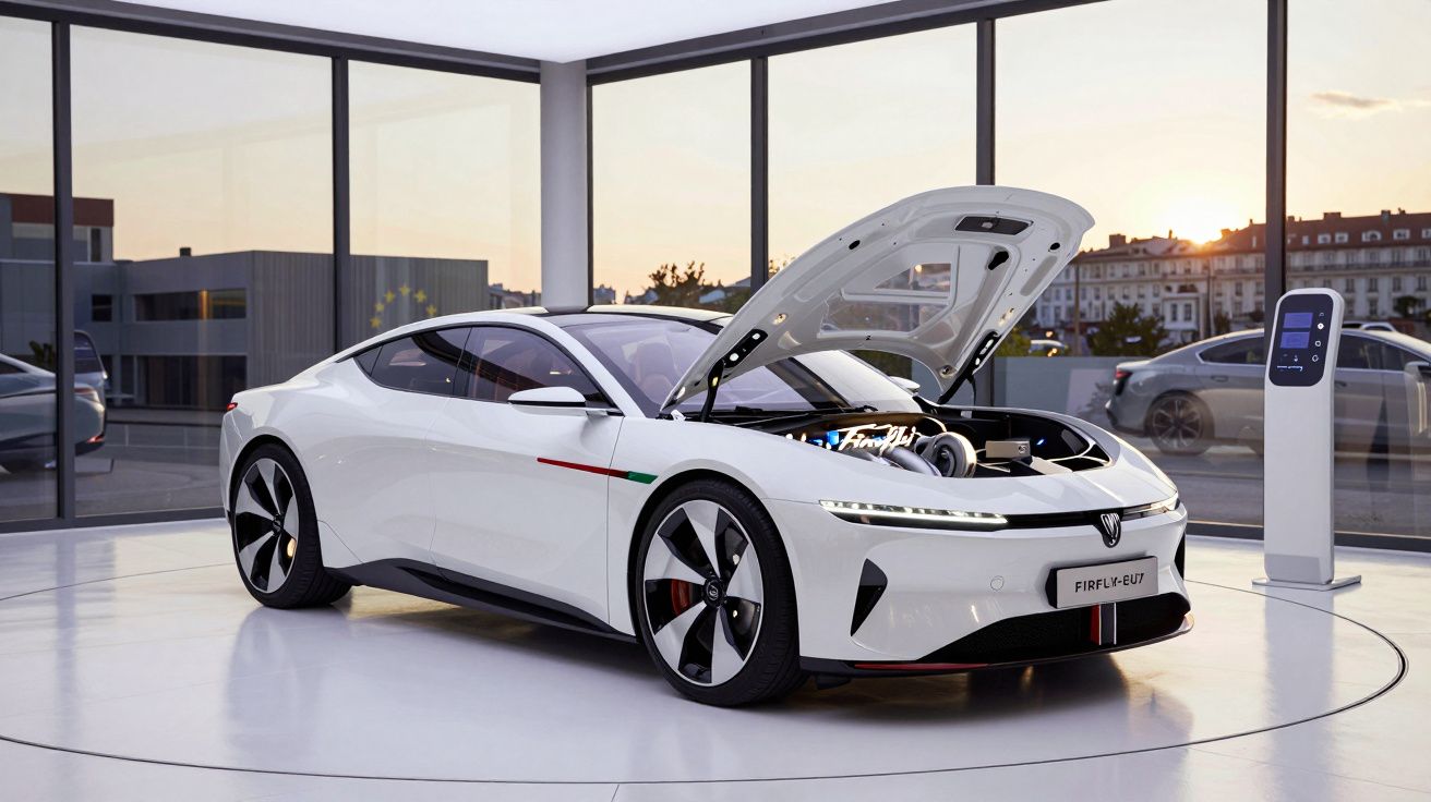 Carro elétrico branco desportivo, com capô aberto, exposto numa sala moderna com painéis de vidro.