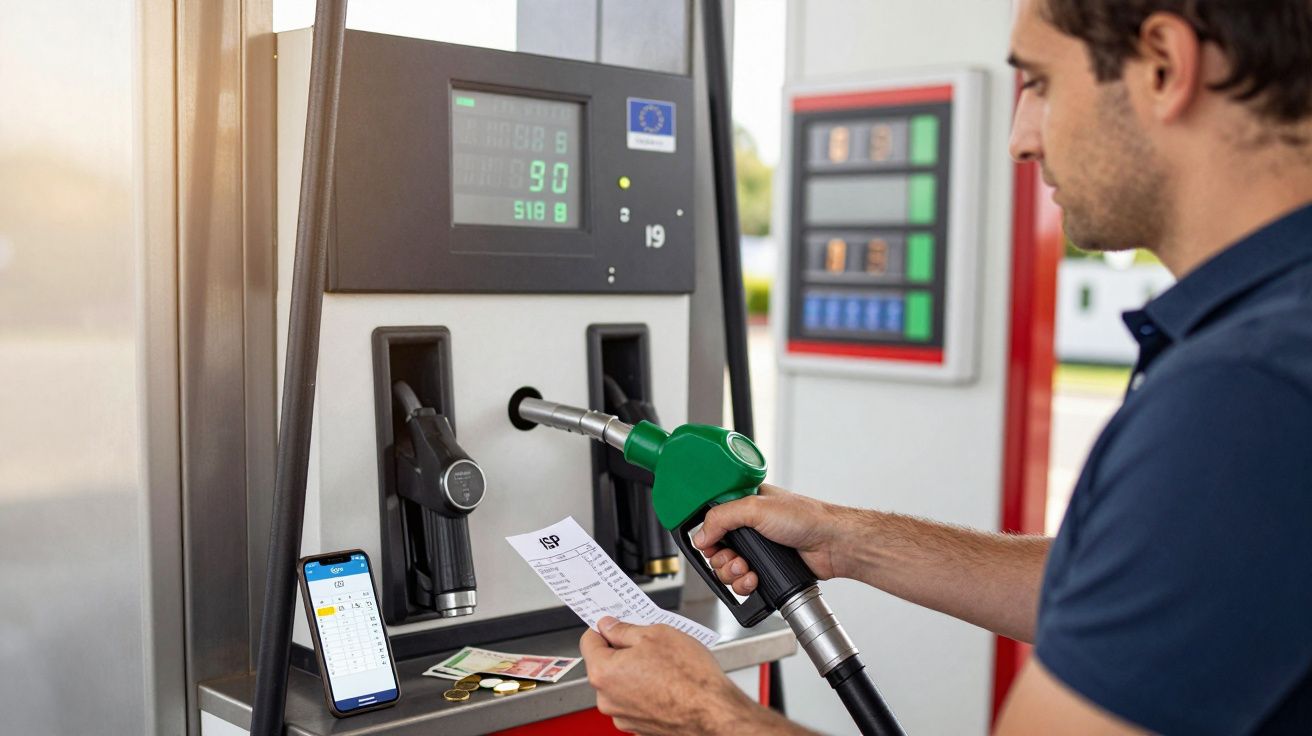 Homem com fato azul abastece carro numa bomba de gasolina segurando recibo e telemóvel na bomba.