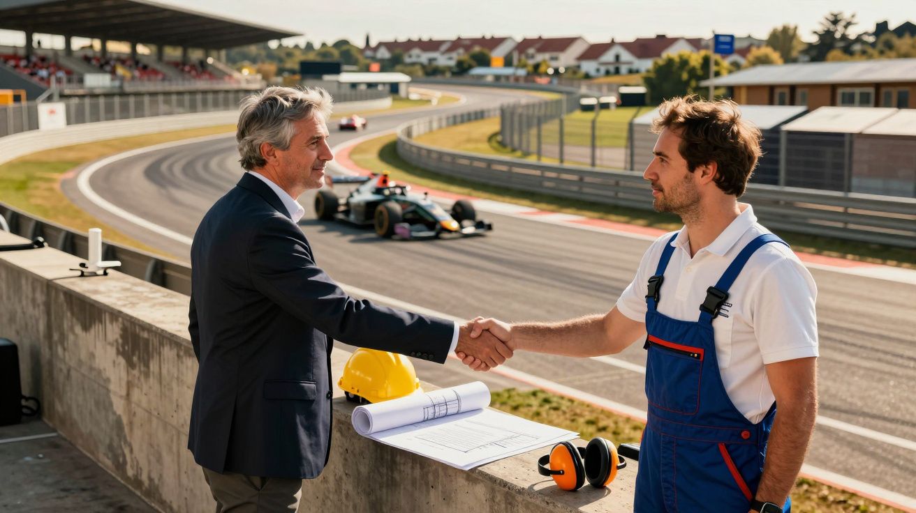 Dois homens apertam as mãos numa pista de corridas, com carros de Fórmula 1 ao fundo e equipamentos na bancada.