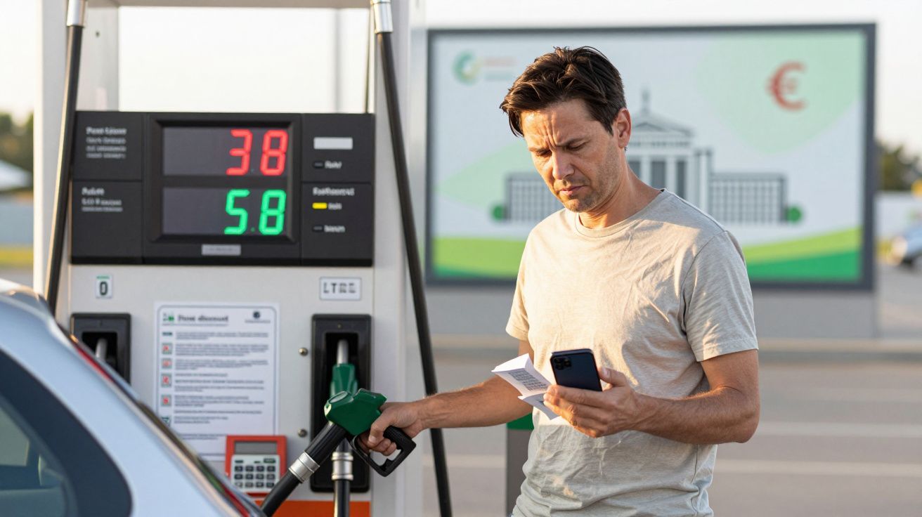 Homem a abastecer carro numa bomba de combustível, consultando telemóvel e recibo com expressão preocupada.