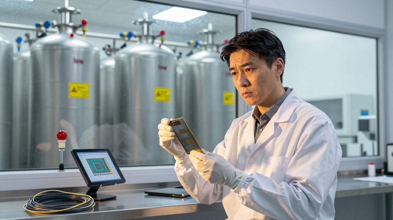 Cientista em laboratório a examinar componente eletrónico com tanques industriais ao fundo.