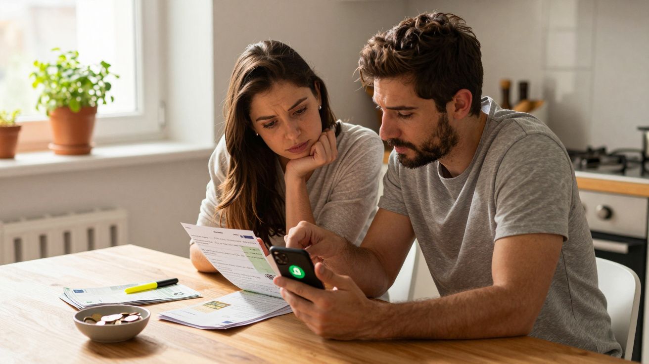 Casal preocupado analisa contas e verifica telemóvel na cozinha, com moedas numa tigela na mesa.