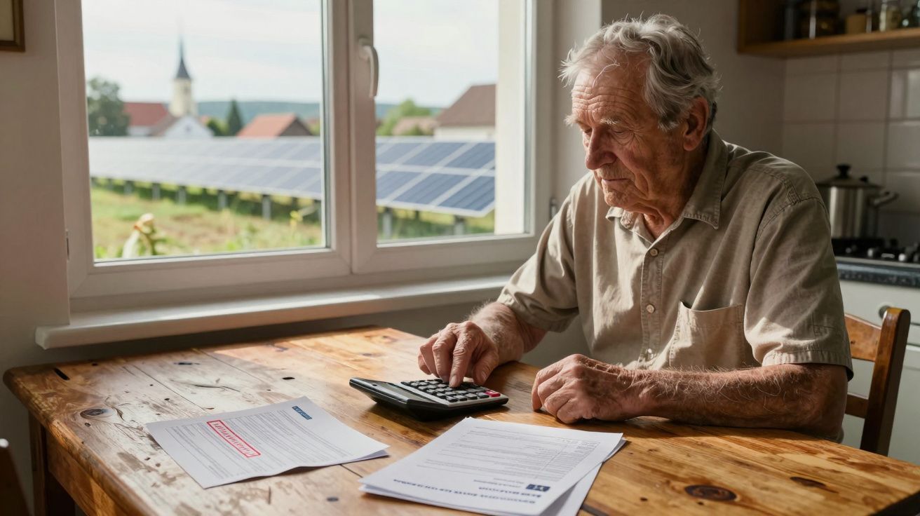 Homem idoso sentado à mesa com calculadora e contas, janela com painéis solares ao fundo.