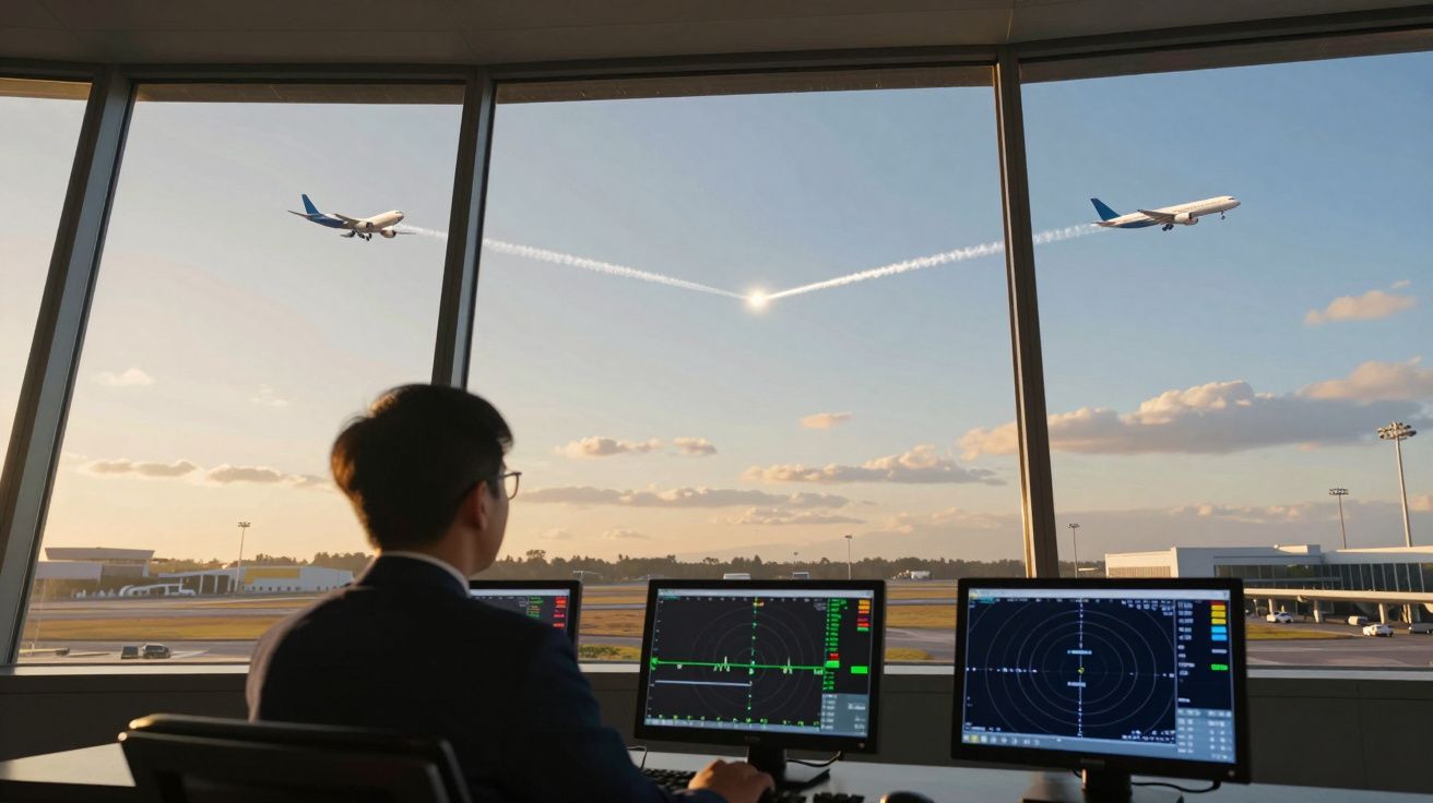 Profissional de controlo aéreo observa dois aviões a levantar voo ao pôr do sol, com ecrãs de radar em primeiro plano.