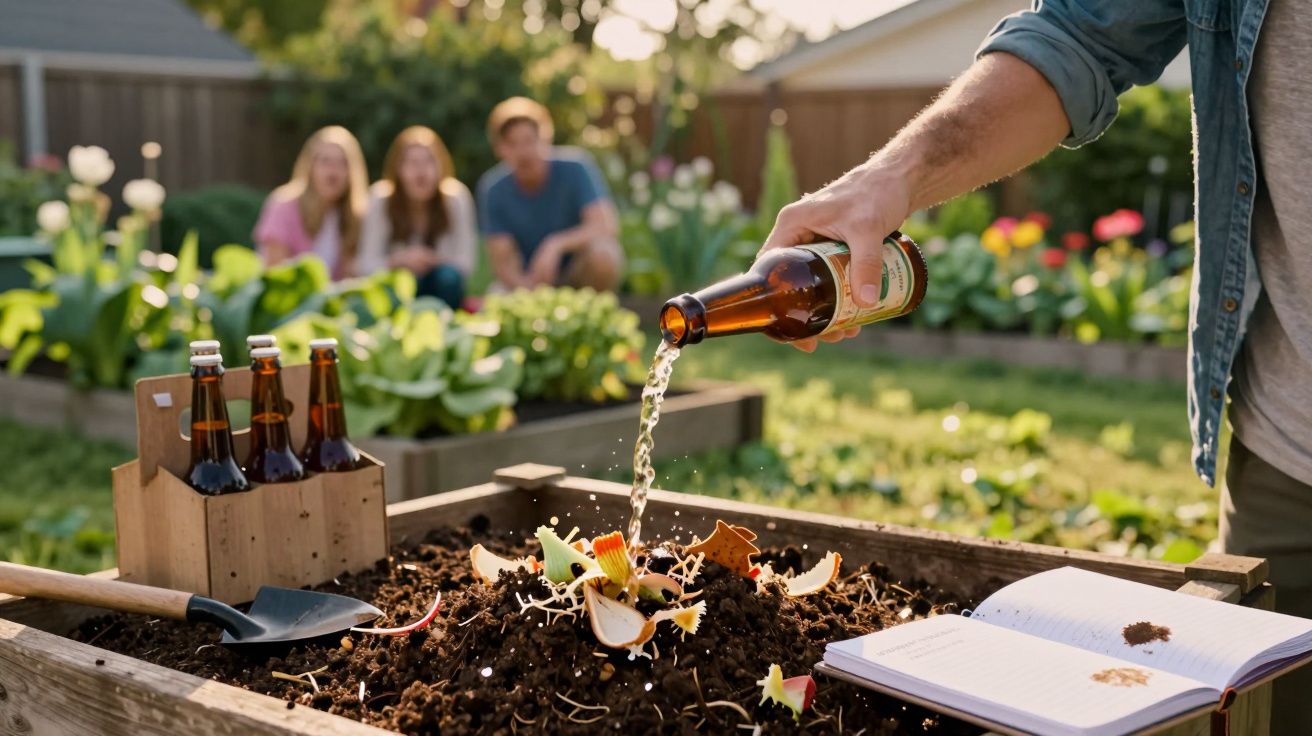 Pessoa a deitar líquido de uma garrafa para uma caixa de compostagem com restos de massa e um grupo ao fundo.
