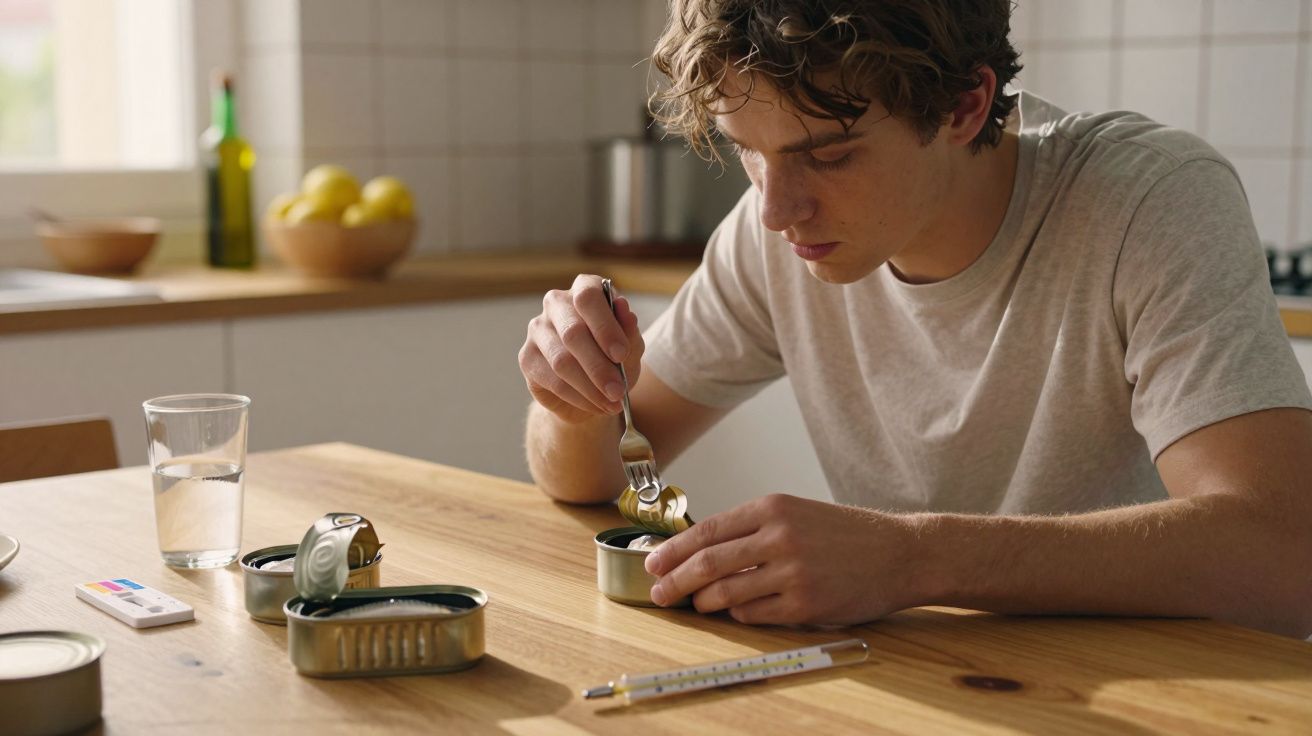 Jovem sentado à mesa, a comer comida enlatada com garfo numa cozinha iluminada pela manhã.