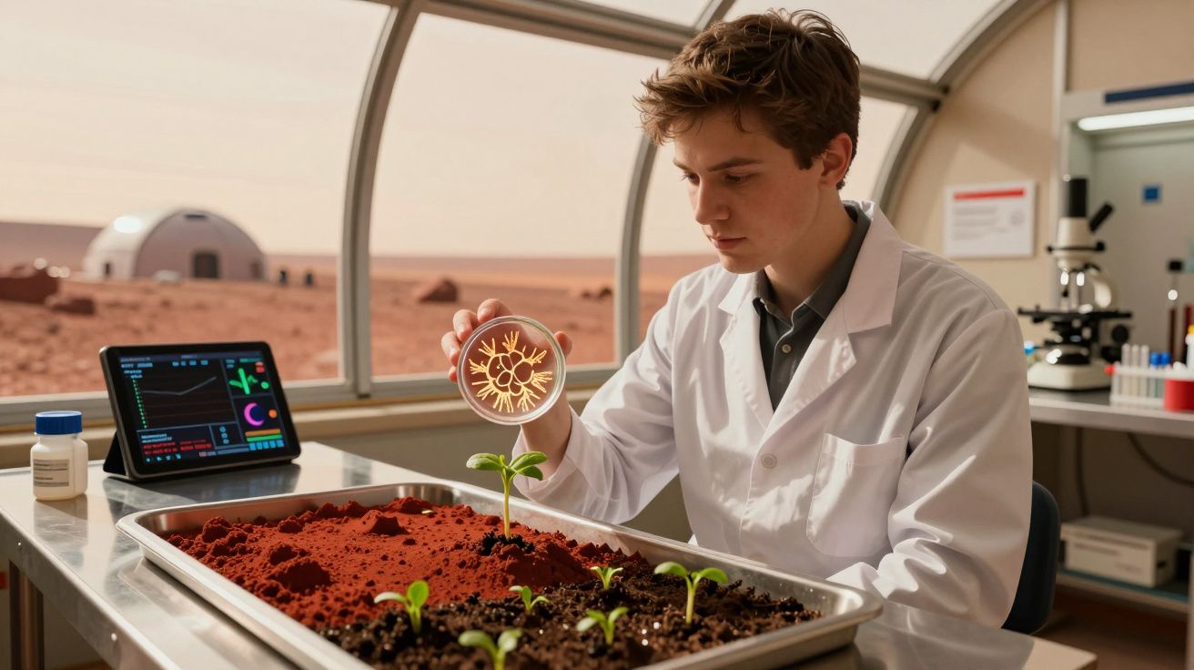 Cientista em laboratório em Marte observa cultura de plantas e placa de Petri com microrganismos.