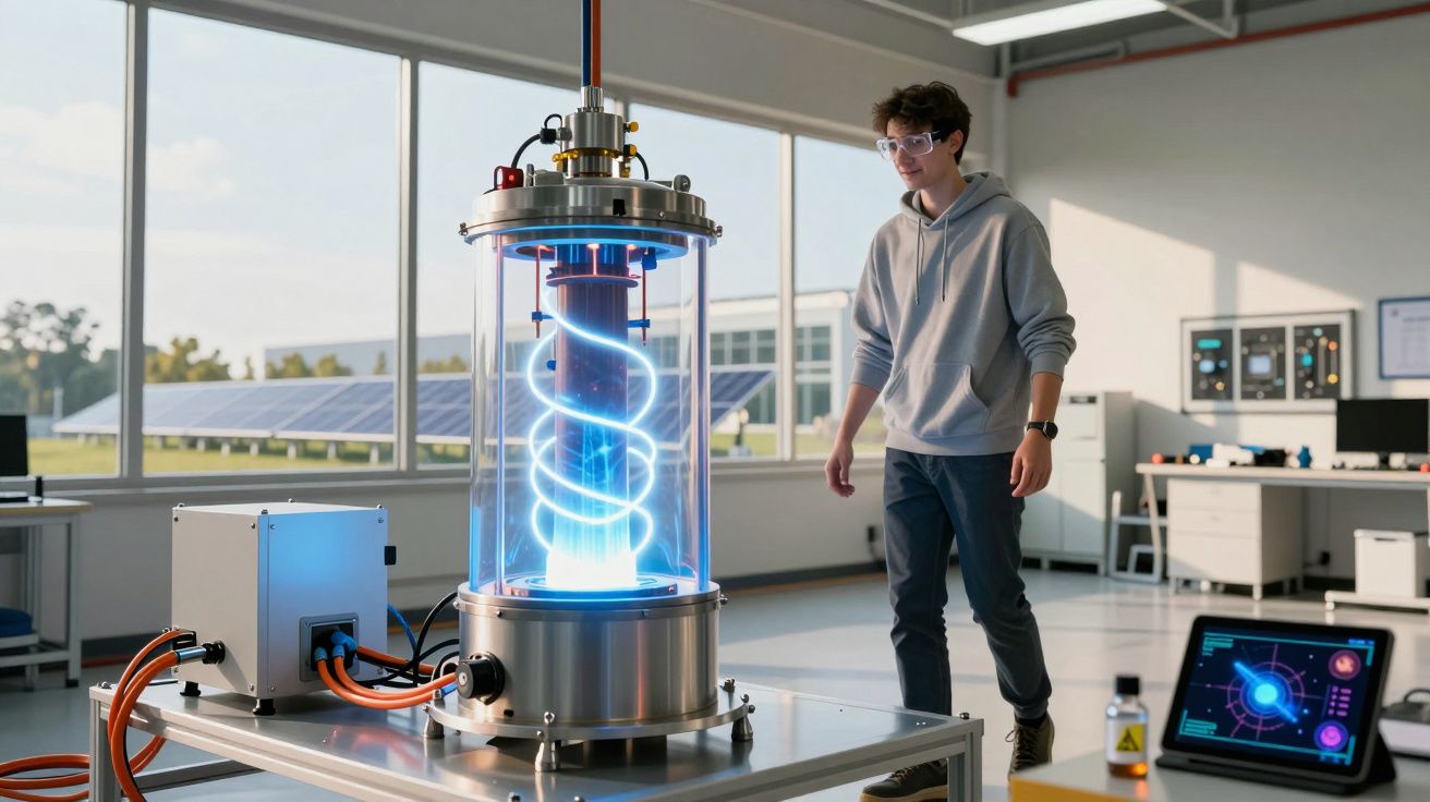 Jovem observa aparelho tecnológico com luzes azuis numa sala de laboratório moderna e luminosa.