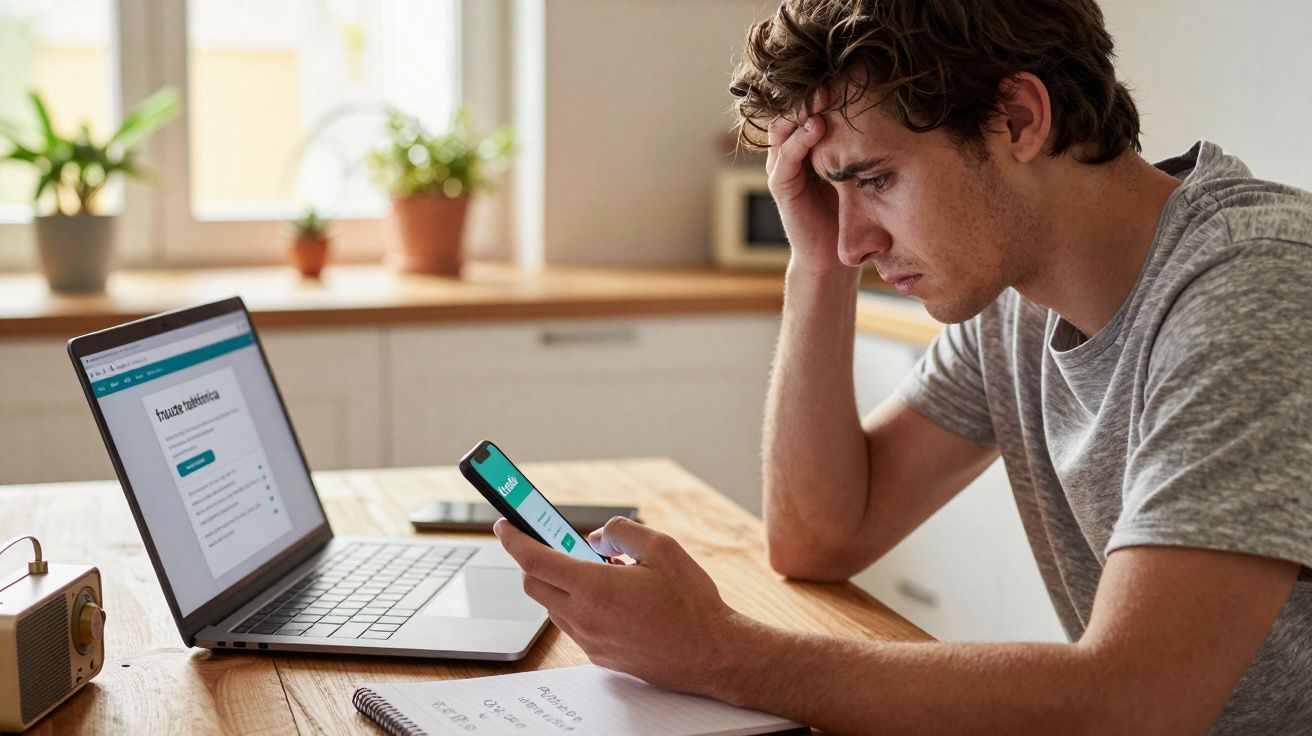Homem preocupado a olhar para o telemóvel com portátil aberto numa mesa de madeira numa cozinha iluminada.