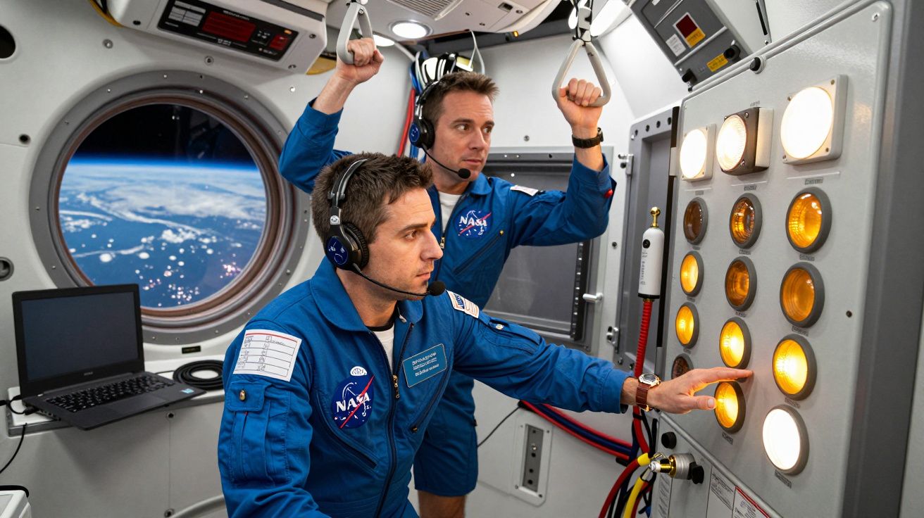 Dois astronautas em fato azul da NASA operam painéis de controlo numa estação espacial com janela para a Terra.