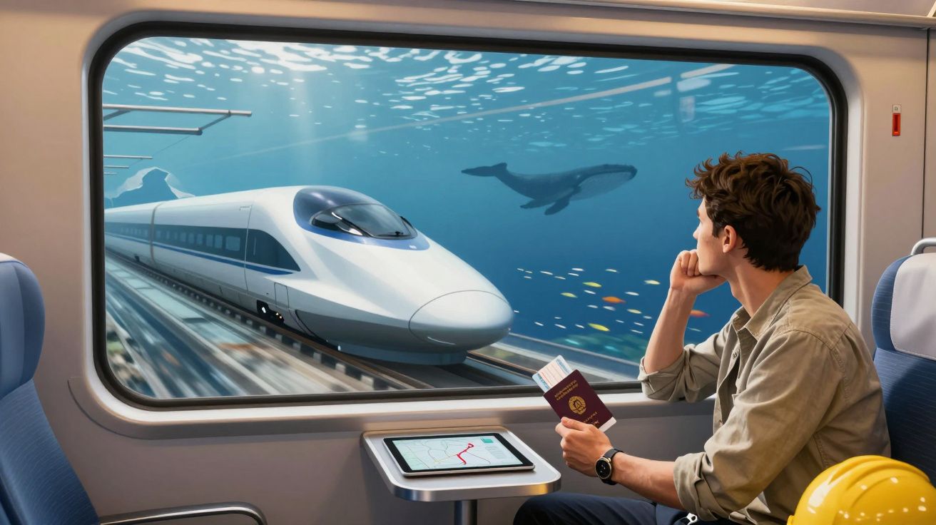 Homem com passaporte observa um comboio futurista a viajar debaixo de água com baleias ao fundo.