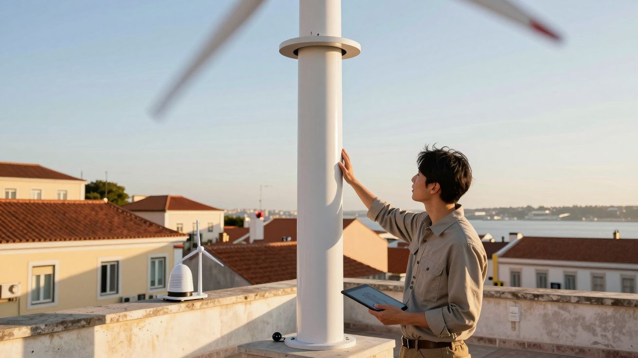 Jovem a inspecionar uma estrutura de turbine eólica numa cobertura urbana ao pôr do sol.