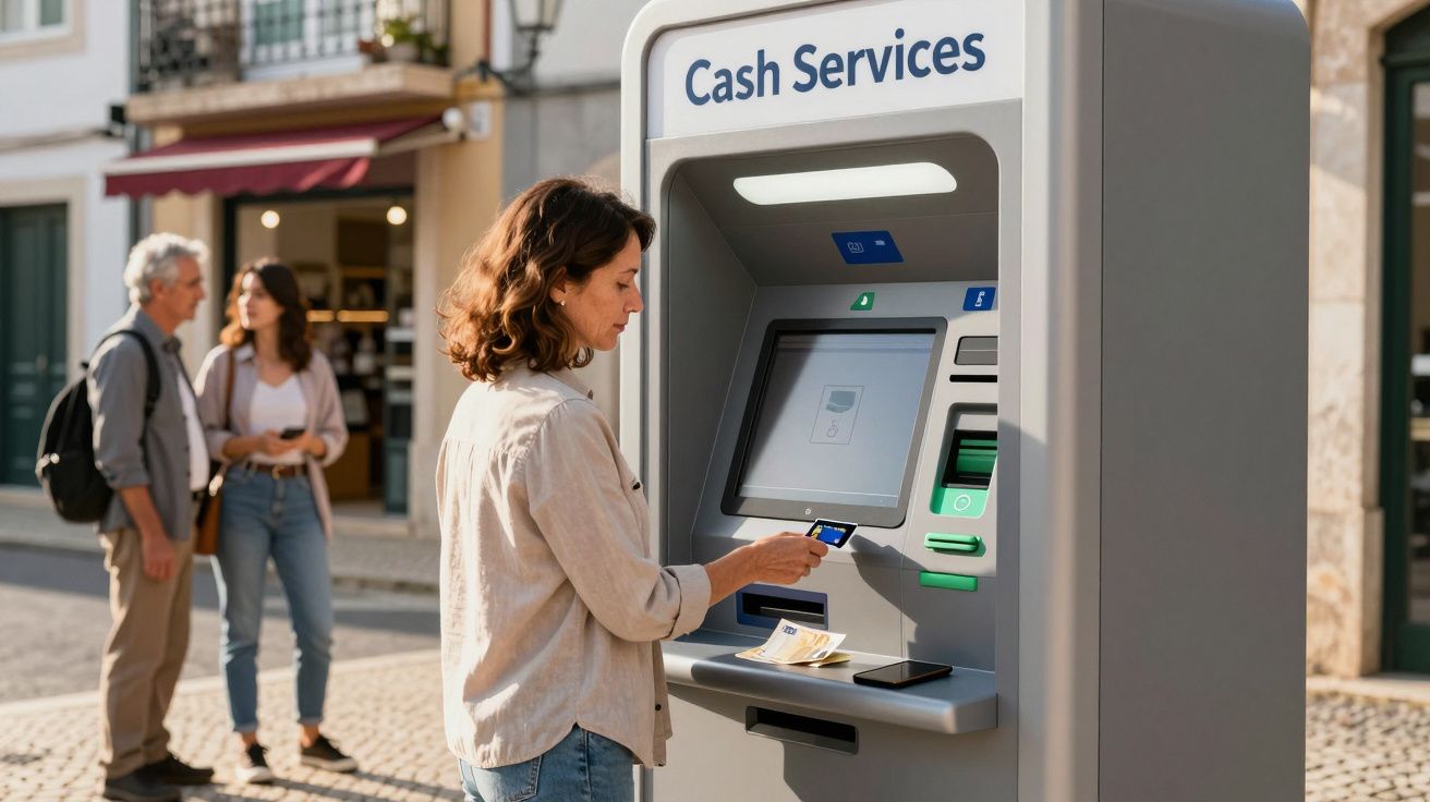 Mulher a levantar dinheiro num multibanco numa rua com outras duas pessoas ao fundo.
